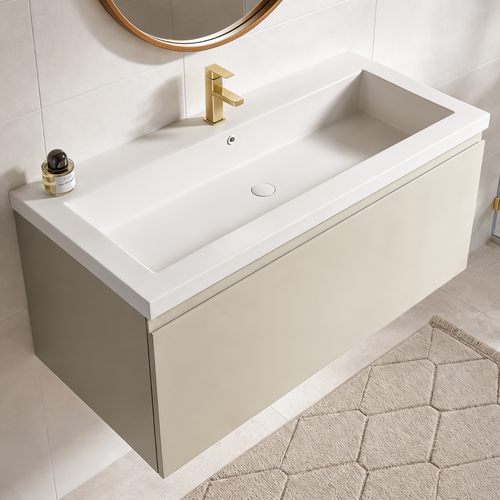 LOMAZOO badmeubelset Sorrento - met hoge kast & witte wastafel - greige - 100 cm