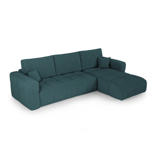 Premium Interiors - Rechthoekige hoekbank met slaapfunctie en opbergruimte VIBE - bouclé-stof eendblauw 286cm