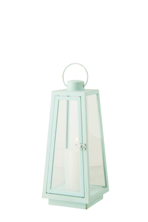 J-Line lantaarn + kaars - glas - turkoois - medium - LED lichtjes