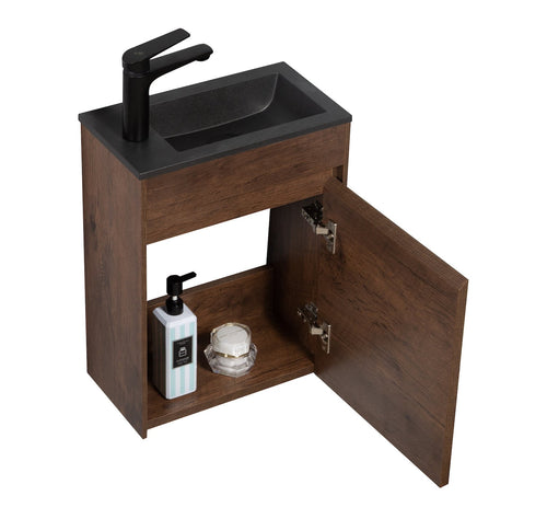 Badplaats Toiletmeubel Sinta 40 x 22 cm – Walnoot Bruin – Fonteinmeubel met Zwarte Wastafel