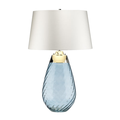 Elstead Lena 2 lichte grote blauwe tafellamp met gebroken witte kap, blauw getint glas, gebroken witte kap, E27