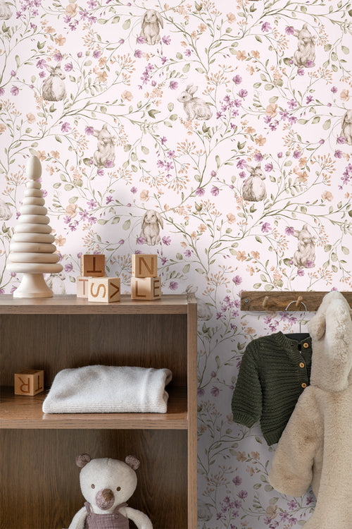 ESTAhome behang konijnen paars, groen en bruin - 50 x 900 cm - 131702