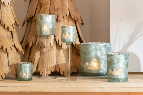 J-Line windlicht Boom - glas - groen/zilver - 3 stuks