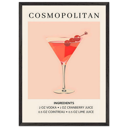 Artfulprints Poster met Lijst Cosmopolitan cocktail - Ingrediënten   - 50x70 cm - Roze