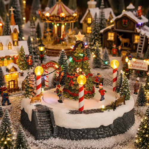 Luville Kerstdorp Kerstboomscène met Schaatsbaan - Kerstversiering met Bewegende Figuren en LED-verlichting - Guirlande op Batterijen - Kerstslingers
