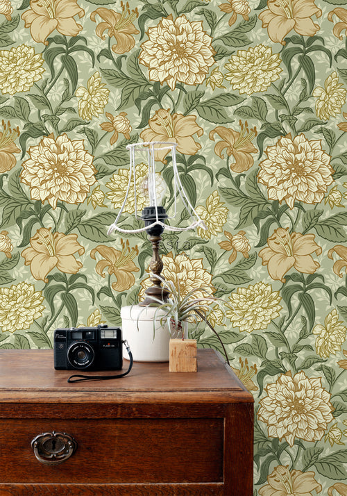 ESTAhome behang vintage bloemen groen en okergeel - 0,53 x 10,05 m - 139379 - vtwonen shop