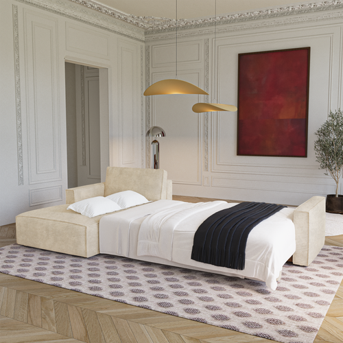 Premium Interiors - Linkshoekbank met slaapfunctie en opbergruimte  - corduroy beige 297cm