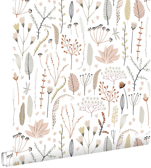 ESTAhome behang veldbloemen zacht roze, grijs en terracotta - 53 cm x 10.05 m - 139702