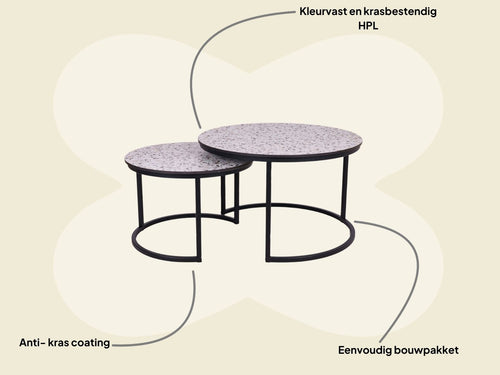 MaximaVida ronde salontafel set Lucca 58 en 45 cm - HPL terrazzo look
