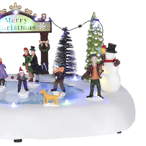Luville Kerstdorp Miniatuur Schaatsers op de Vijver - Kerstversiering met Verlichting en Kerstmuziek - Kerst Decoratie voor Kerstdorp - Winterse