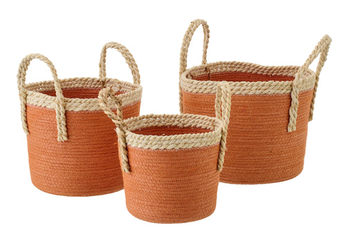 J-Line mand met handvatten - papier - naturel/donkeroranje - set van 3