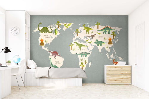 Sanders & Sanders fotobehang wereldkaart voor kinderen grijs en groen - 350 x 279 cm - 950022