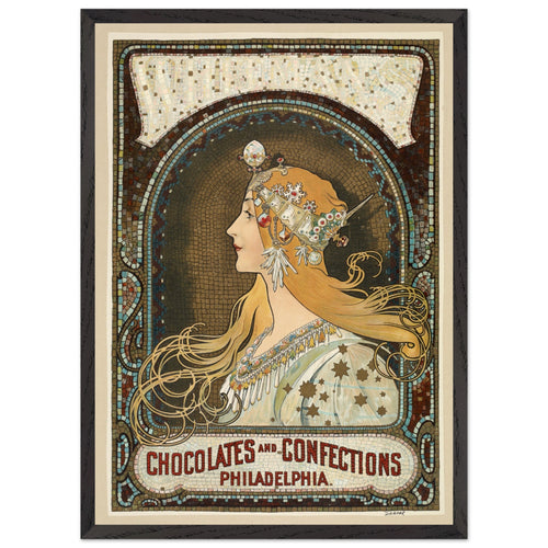 Artfulprints Poster met Lijst Alphonse Mucha - Chocolates and confections Philadelphia   - 50x70 cm - Bruin