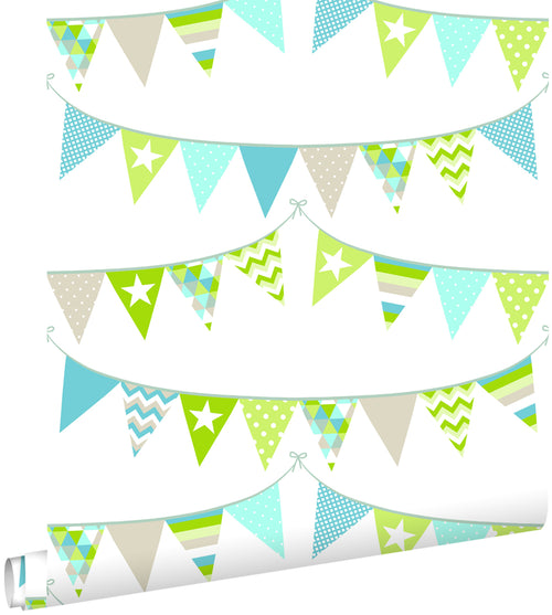 ESTAhome behang vlaggetjes turquoise, limegroen en beige - 53 cm x 10.05 m - 138719