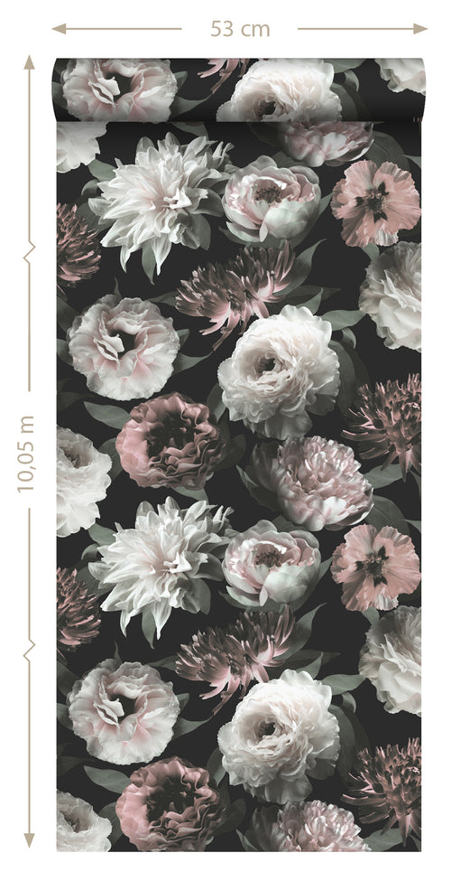 ESTAhome behang bloemen zwart, wit en zacht roze - 53 cm x 10.05 m - 139169