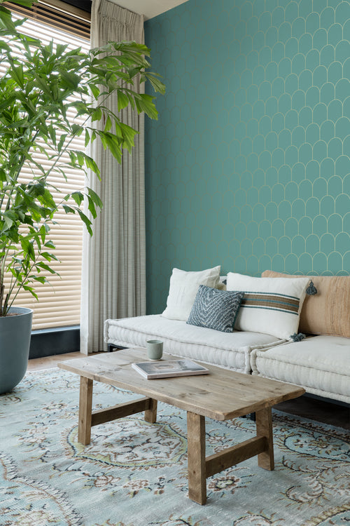 ESTAhome behang art deco motief zeegroen en goud - 53 cm x 10.05 m - 139204