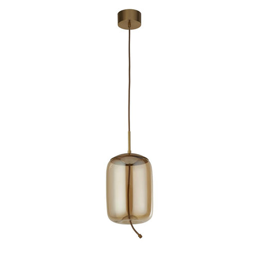 Searchlight Lisbon 1 LED hanglamp, gesatineerd messing en amberkleurig glas 2700K
