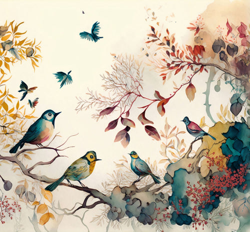 Sanders & Sanders fotobehang tropische jungle bladeren en paradijsvogels beige, blauw en geel - 300 x 279 cm - 950030 - vtwonen shop