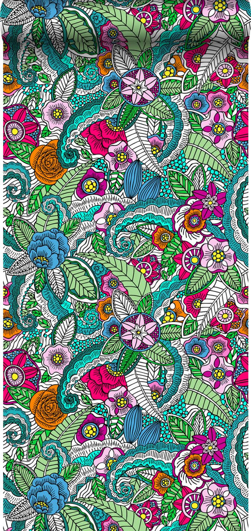ESTAhome XXL behang bloemen mandala's roze, groen, oranje, paars en blauw - 50 x 900 cm - 158608