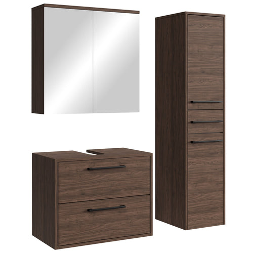 Badplaats Wastafelkast Set Florence 60 x 35 cm – Walnoot Bruin – Badmeubel met Spiegelkast en Kolomkast