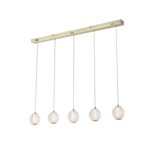 Searchlight Allure 5 lichtbalk plafondhanger satijn messing metaal en helder acryl