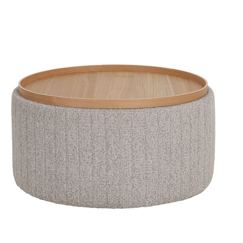DÉJA Living Salontafel Angela – Rond – Met Opbergruimte – Chenille – Essen Fineer – 81x81x42 cm – Taupe/Naturel