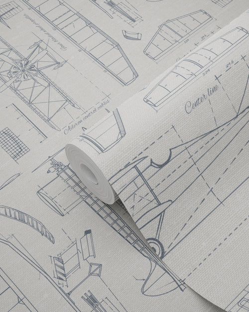 ESTAhome behang constructietekeningen van vliegtuigen taupe en grijsblauw - 53 cm x 10.05 m - 139960 - vtwonen shop