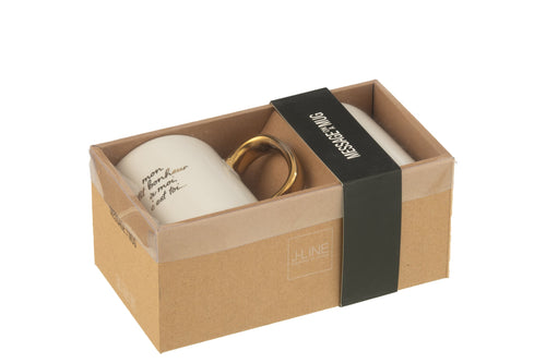 J-Line mok Bericht Bonheur - porselein - wit/goud - 2 stuks