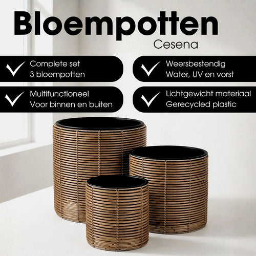 Mica Decorations Cesena Bloempot – Set van 3 – Plantenpot voor Bloemen en Kamerplanten – Bloempotten voor Buiten – Gerecycled Plastic – Lichtbruin