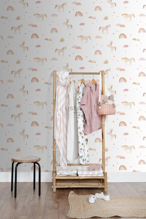ESTAhome behang unicorns wit, zacht roze en okergeel - 53 cm x 10.05 m - 139581
