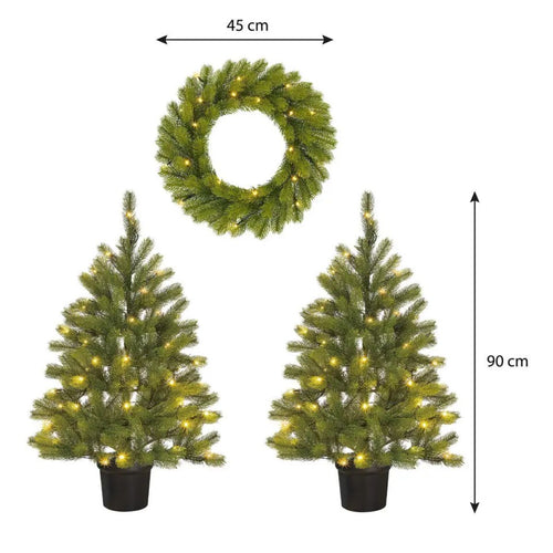 Black Box Trees Nagoya Kerstboom en Kerstkrans Set - 2 Kunstkerstbomen en 1 Krans met LED Verlichting - H90 x Ø45 cm - Groen