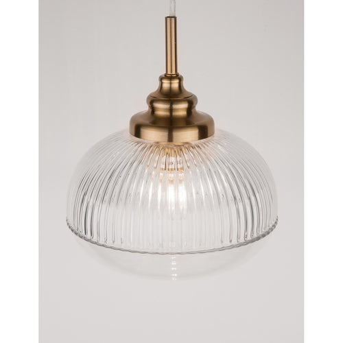 Merano Estevan 18 cm bol hangende plafondlamp satijn goud metaal helder glas LED E14
