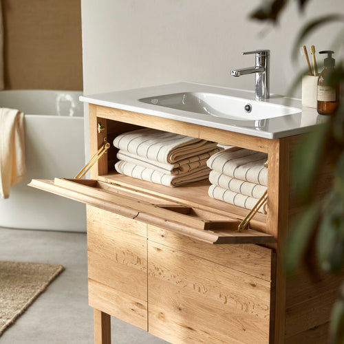 Tikamoon Massief eikenhouten en keramisch badkamermeubel 80 cm - Naturel