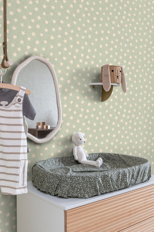 ESTAhome behang sterretjes groen en beige - 50 x 900 cm - 131709