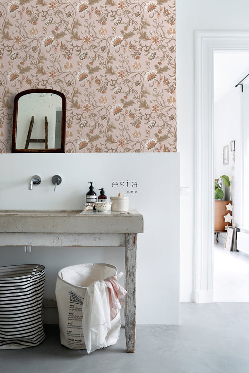 ESTAhome behang vintage bloemen oudroze, terracotta en groen - 53 cm x 10.05 m - 139478
