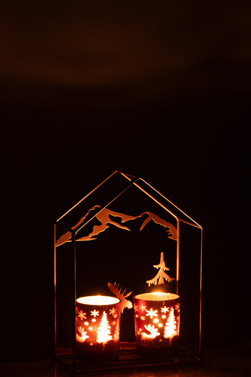 J-Line theelichthouder 2 Glazen - ijzer - bruin - vtwonen shop