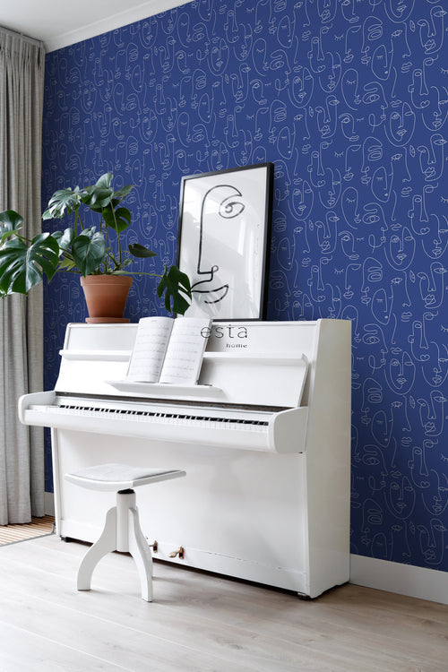 ESTAhome behang line art gezichten kobaltblauw - 50 x 900 cm - 139434