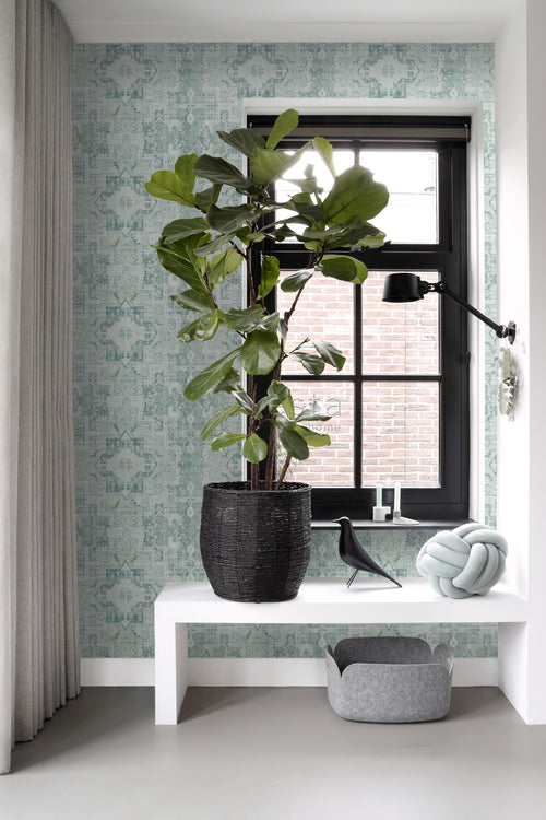 ESTAhome behang oosters kelim tapijt vergrijsd mintgroen - 53 cm x 10.05 m - 148658
