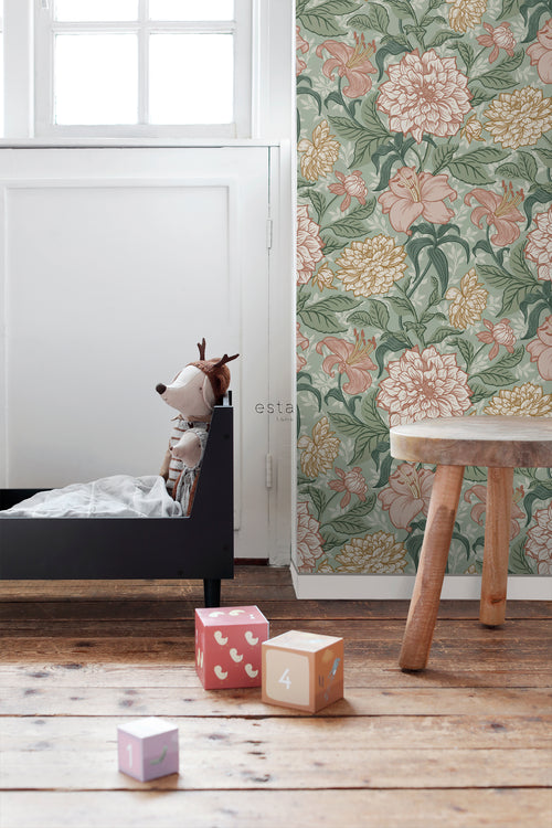 ESTAhome behang vintage bloemen groen en oudroze - 53 cm x 10.05 m - 139378