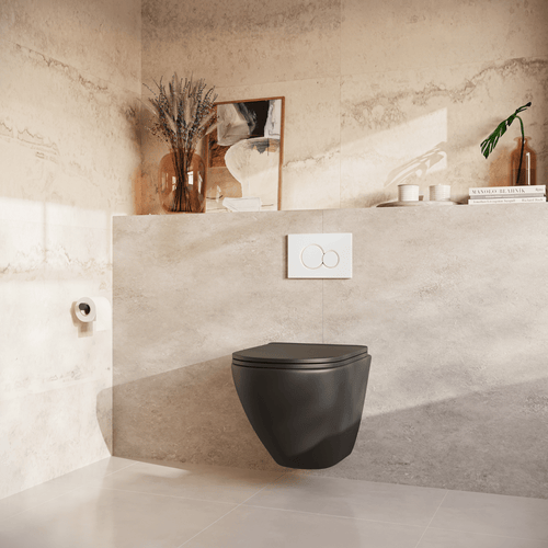 LOMAZOO hangtoiletset Linea - met inbouwreservoir & ronde drukplaat - rond - wit / zwart