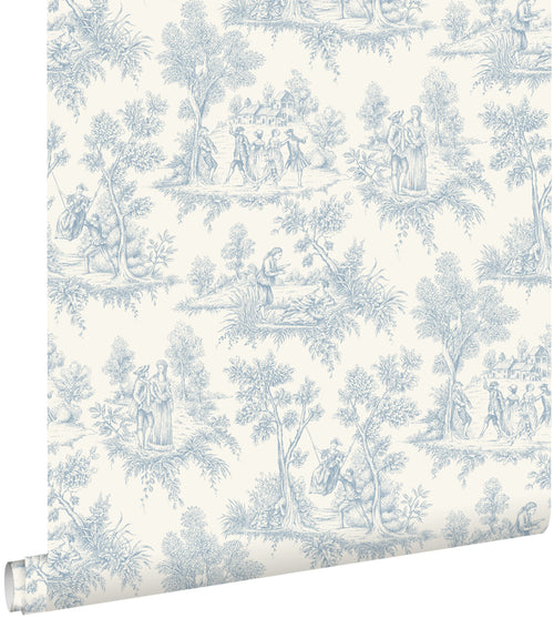 ESTAhome behang toile de jouy print lichtblauw - 50 x 900 cm - 132095