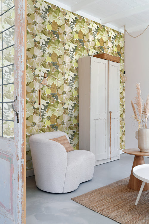 ESTAhome behang bloemen olijfgroen - 50 x 900 cm - 131262