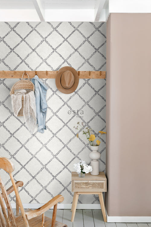 ESTAhome behang oosters berber tapijt zwart en mat wit - 53 cm x 10.05 m - 148666