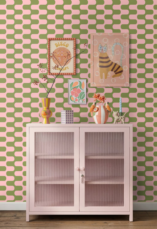 ESTAhome behang golvende lijnen groen en roze - 50 x 900 cm - 131835