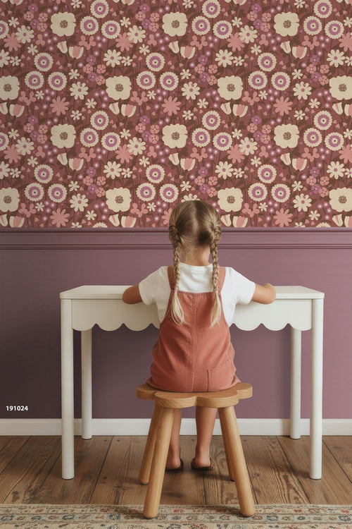 ESTAhome behang retro bloemen aubergine paars en roze - 50 x 900 cm - 132162