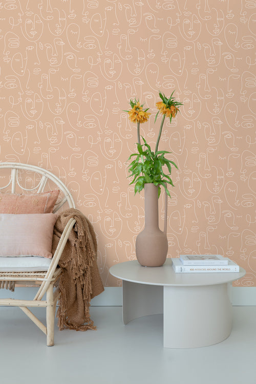 ESTAhome behang line art gezichten perzik roze en wit - 53 cm x 10.05 m - 139214