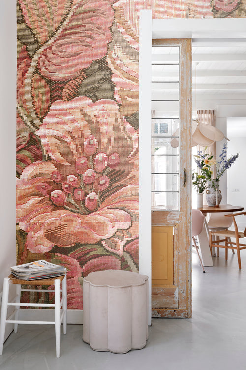 ESTAhome fotobehang geborduurd bloemmotief roze en groen - 186 x 279 cm - 159508 - vtwonen shop