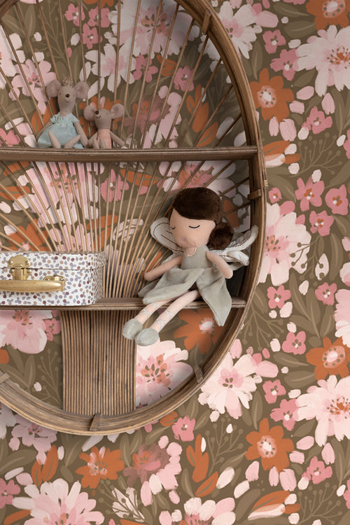 ESTAhome behang bloemen licht roze, terracotta en vergrijsd groen - 50 x 900 cm - 130926 - vtwonen shop