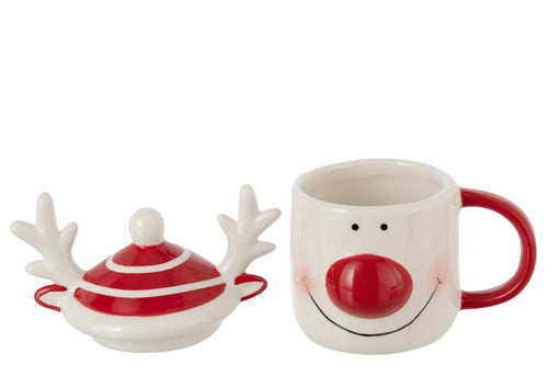 J-Line mok + deksel Rendier Dolomiet - keramiek - rood/wit - vtwonen shop