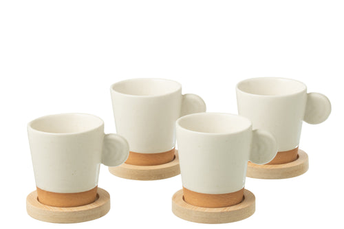 J-Line koffietas Met Oor + Bamboubasis - keramiek - wit/naturel - doos van 4